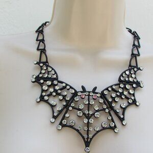 Betsey Johnson Bat Rhinestone Matte Black Statement Necklace NWT 19"